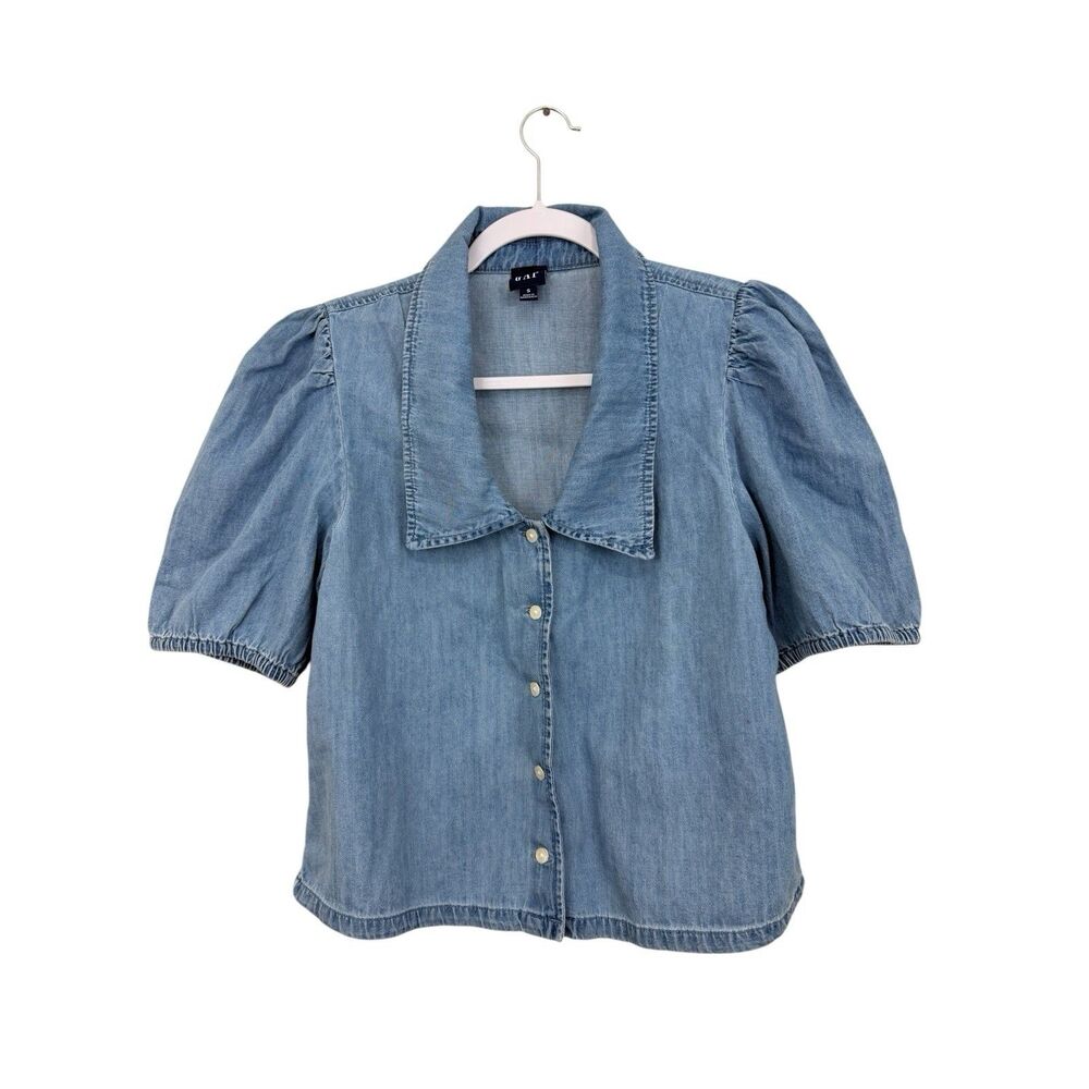 Gap Blue Jean Denim Button Up Shirt Womens Sz Small Cotton Short Sleeve Collared